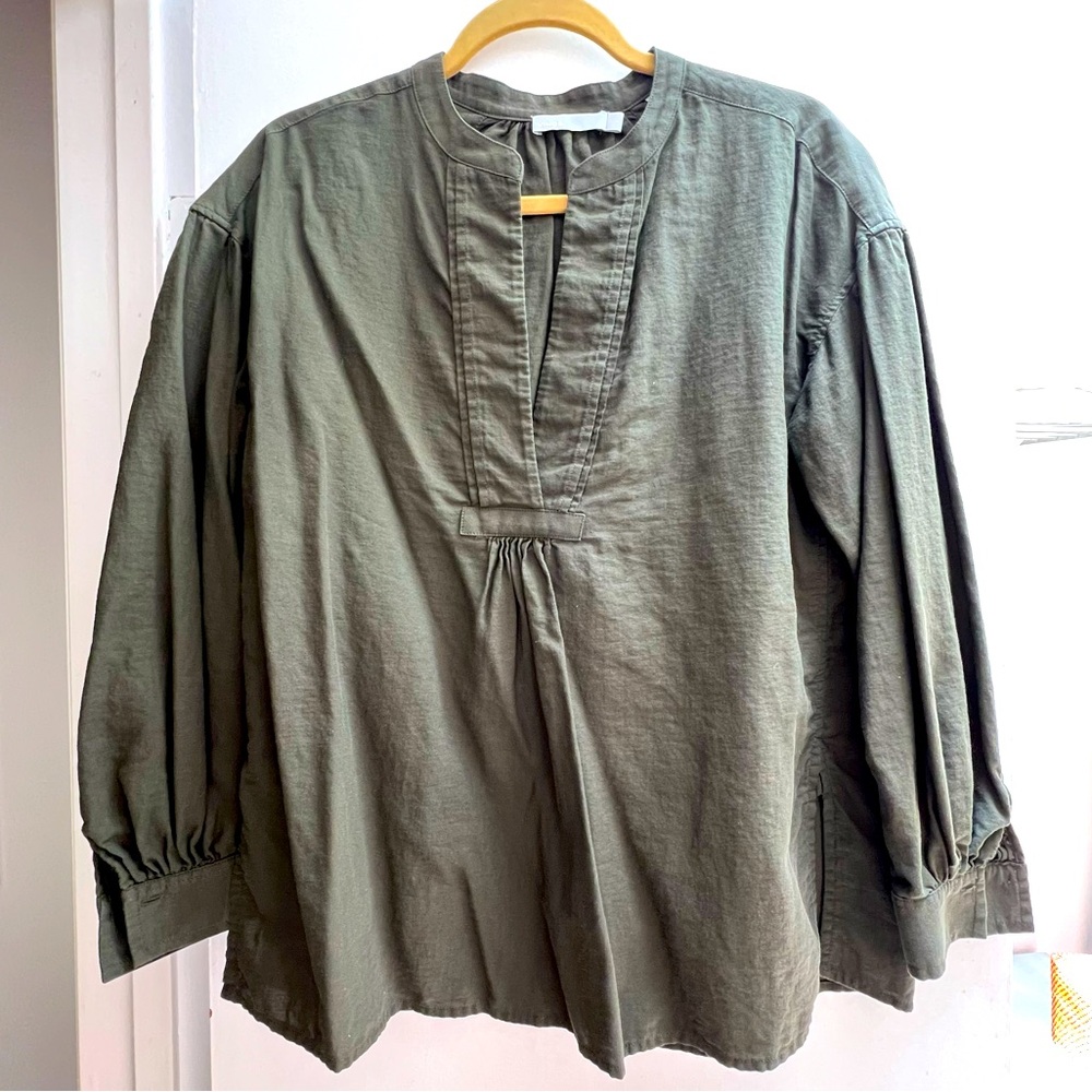 Dark Green Split Neck Cotton Vince Blouse Size Small
